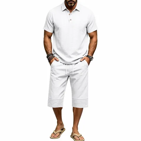 Men's Summer Linen Blend 2 Piece Set Casual Short Sleeve Polo Shirt and Seven-Point Drawstring Pants Vacation Leisure Outfit