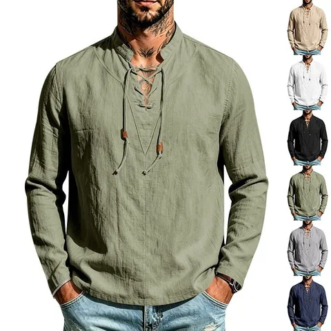 Camisa de Manga Larga de Lino Casual para Hombre Cuello Mao Retro con Cordones Cuello en V Pulóver Transpirable Cómodo Primavera Otoño Moda Tops