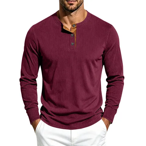Men Vintage Corduroy Long Sleeve Henley Shirt Casual Contrast Placket Ribbed Texture Button Down Breathable Top For Autumn Winter