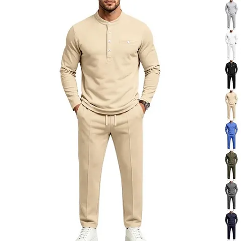 Men's Heavyweight Vintage Henley Shirt and Straight Pants Casual Two Piece Set Polyester Knit Suit for Autumn Spring