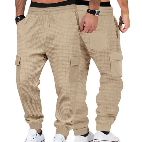 Men Waffle Knit Cargo Joggers Elastic Drawstring Waist Multi Pocket Casual Sports Pants Polyester Tapered Bottoms