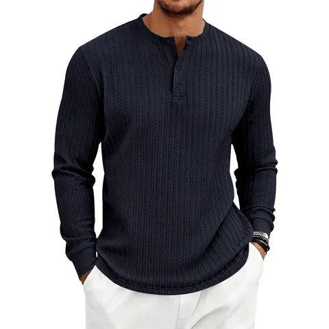 Camiseta de Manga Larga con Cuello Henley para Hombre Casual con Textura de Rayas Verticales Top de Punto Color Sólido Botones Moda Pullover
