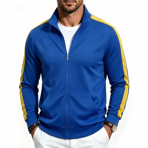 Chaqueta Deportiva de Hombre con Cuello Alto Poliéster Color Block Cremallera Completa Ropa de Abrigo Casual con Bolsillos