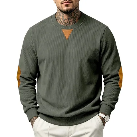 Herren Casual Cordsamt Langarm Sweatshirt Colorblock Ellbogen-Patches Rundhalsausschnitt Pullover Retro Sweatshirt Patchwork Top