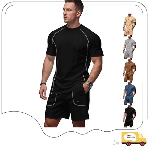 Men Sportswear Quick Dry Top And Bottom Running Fitness Training Suit Contrast Stitching Raglan Short Sleeve T-Shirt And Shorts Athletic Outfit