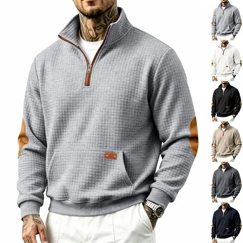 Men's Half Zip Stand Collar Sweatshirt Waffle Grid Texture Casual Long Sleeve Top With Elbow Patches Autumn Winter Apparel