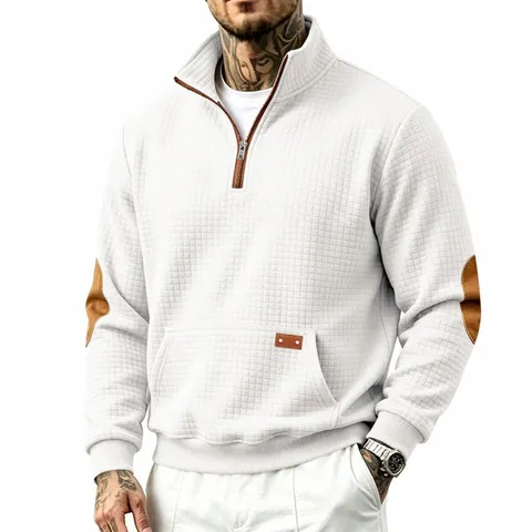 Men's Half Zip Stand Collar Sweatshirt Waffle Grid Texture Casual Long Sleeve Top With Elbow Patches Autumn Winter Apparel