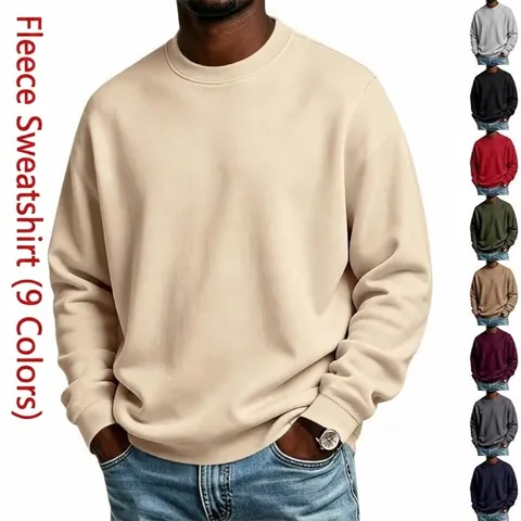 Men's Loose Fleece Sweatshirt Round Neck Long Sleeve Pullover Basic Casual Solid Color Warm Autumn Winter Top