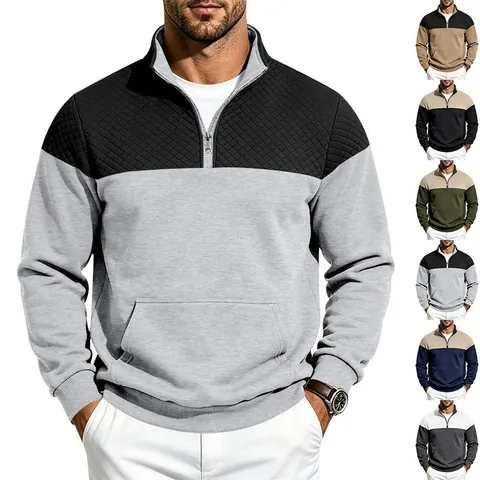 Men Heavyweight Contrast Splicing Sweatshirt Jacquard Diamond Pattern Fleece Lined Stand Collar Quarter-Zip Pullover Pocket Casual Top