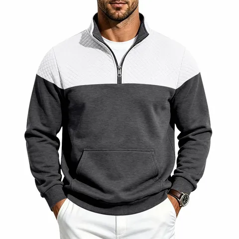 Men Heavyweight Contrast Splicing Sweatshirt Jacquard Diamond Pattern Fleece Lined Stand Collar Quarter-Zip Pullover Pocket Casual Top
