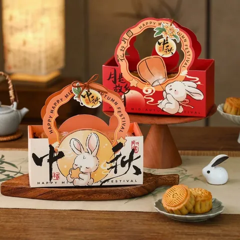 Mid-Autumn Festival Mooncake Gift Box Rabbit Pattern Handheld Pastry Packaging Box Traditional Chinese Portable Empty Food Box