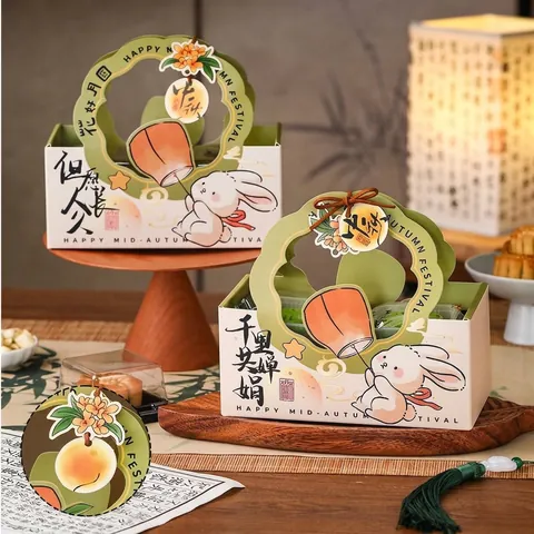 Mid-Autumn Festival Mooncake Gift Box Rabbit Pattern Handheld Pastry Packaging Box Traditional Chinese Portable Empty Food Box