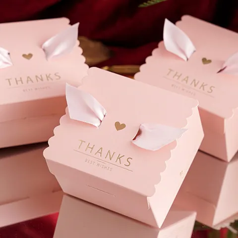 Minimalist Pink Square Wedding Candy Box Scalloped Edge White Cardboard Gift Box with Pink Ribbon Bow Bronzing Thanks Lettering Party Favor Packaging Box