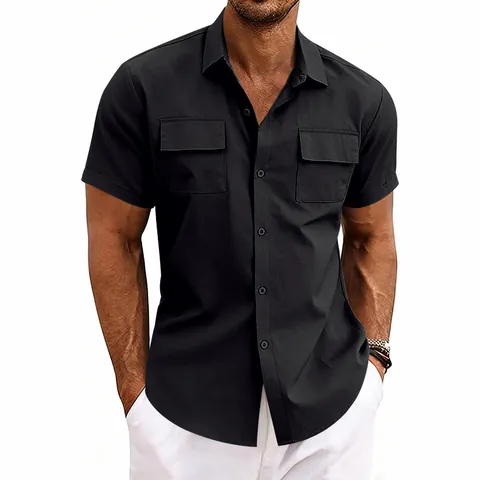 Men's Outdoor Casual Work Shirt Short Sleeve Multi Pocket Topstitched Polyester Button Down Shirt Summer Fashion Shirt
