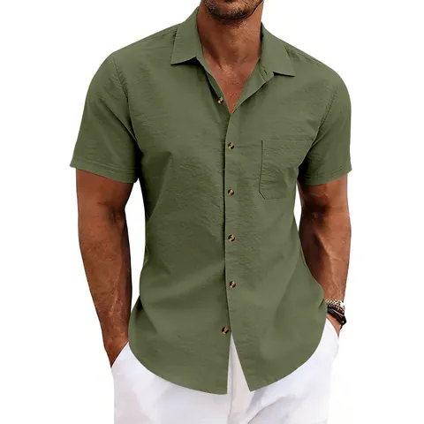 Herren Casual Kurzarm Hemd Revers Holzknöpfe Brusttasche Atmungsaktiv Strand Top Einfarbig Polyester Sommer Kleidung