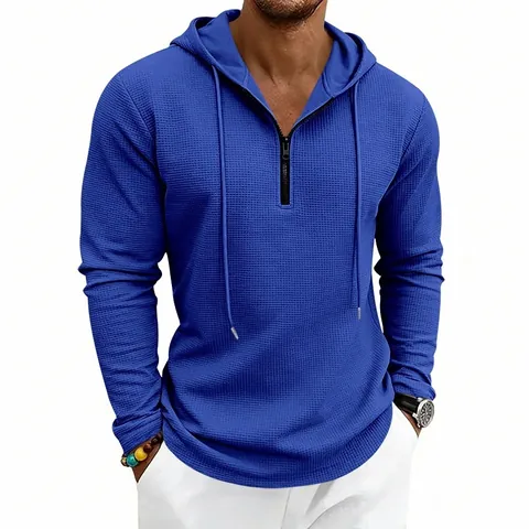 Herren Waffelgewebe Halbreißverschluss Hoodie Langarm Kordelzug Kapuzenpullover Lässiges Viskose Strick Oberteil Für Männer