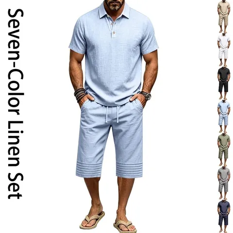 Men's Summer Linen Blend 2 Piece Set Casual Short Sleeve Polo Shirt and Seven-Point Drawstring Pants Vacation Leisure Outfit