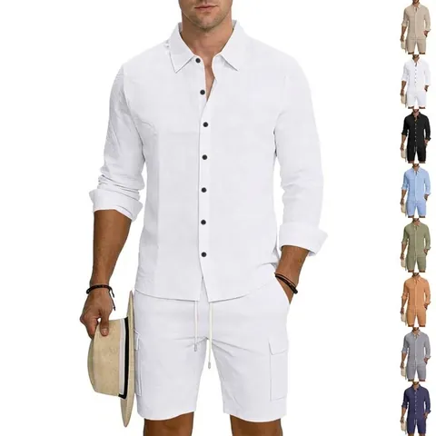 Completo da Uomo in Lino Camicia a Maniche Lunghe e Pantaloncini Cargo Casual Tinta Unita Collo a Revers Bottoni Spiaggia Top And Bottom