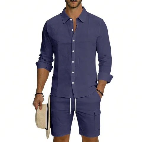 Completo da Uomo in Lino Camicia a Maniche Lunghe e Pantaloncini Cargo Casual Tinta Unita Collo a Revers Bottoni Spiaggia Top And Bottom