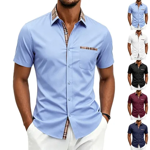 Men Business Casual Short Sleeve Shirt Plaid Contrast Collar Slim Fit Turn-down Collar With Single Chest Pocket Polyester Spandex Woven Shirt