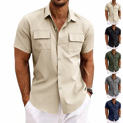 Men Cargo Short Sleeve Shirt Quick Dry Utility Shirt Button Down Top with Pockets Business Casual Lapel Collar Summer Woven Apparel