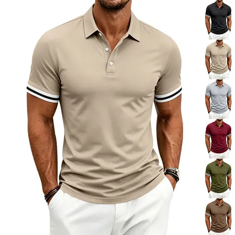Men Short Sleeve Polo Shirt Polyester Contrast Striped Cuff Casual Business Summer Breathable Three Button Top For Men