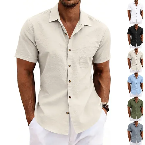 Herren Casual Kurzarm Hemd Revers Holzknöpfe Brusttasche Atmungsaktiv Strand Top Einfarbig Polyester Sommer Kleidung