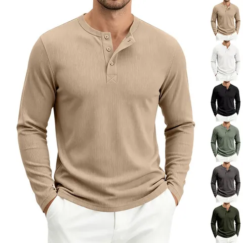 Men Waffle Knit Henley Shirt Long Sleeve Breathable Polyester Solid Color Casual T-Shirt Retro Loose Top For Daily Sport