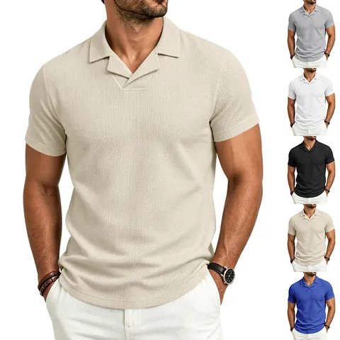 Polo de Hombre Estilo Old Money Textura de Gofre Casual Manga Corta Cuello Cubano Color Sólido Camisa de Punto Moda