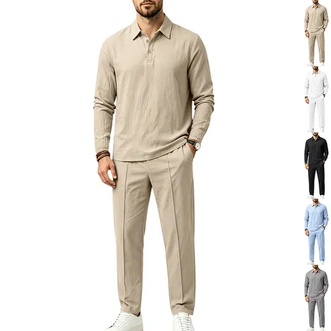 Linen Polyester Blend Men Casual Suit Top And Bottom Lapel Long Sleeve Polo Shirt Straight Leg Pants Vacation Outfit