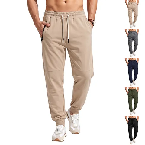 Men's Casual Jogger Pants Elastic Drawstring Waist Sweatpants With Zipper Pockets Solid Color Ribbed Cuffs Sport Trousers