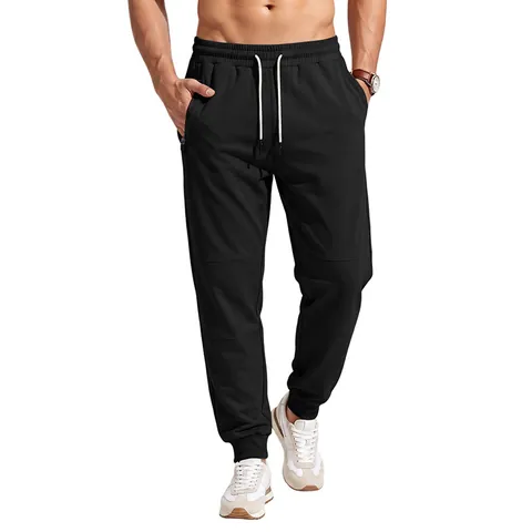 Men's Casual Jogger Pants Elastic Drawstring Waist Sweatpants With Zipper Pockets Solid Color Ribbed Cuffs Sport Trousers