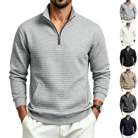 Sudadera de Jacquard de Rejilla para Hombre con Media Cremallera Cuello Alto Pullover Casual de Manga Longua con Bolsillos Moda de Negocios Top