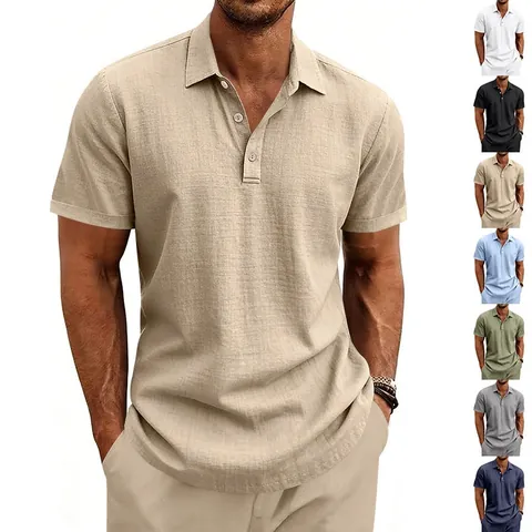 Men Business Casual Linen Polo Shirt Short Sleeve Breathable Solid Color Summer Woven Lapel Top For Men S-XXXL