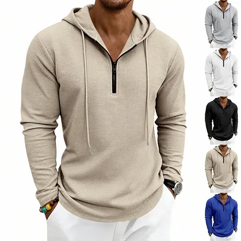 Herren Waffelgewebe Halbreißverschluss Hoodie Langarm Kordelzug Kapuzenpullover Lässiges Viskose Strick Oberteil Für Männer