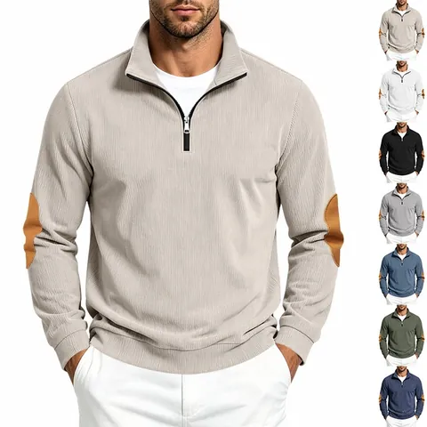 Men Ribbed Quarter Zip Sweatshirt Stand Collar Long Sleeve Pullover With Elbow Patches Casual Solid Color Top