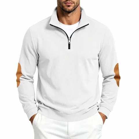 Men Ribbed Quarter Zip Sweatshirt Stand Collar Long Sleeve Pullover With Elbow Patches Casual Solid Color Top