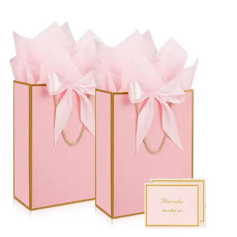 Elegant Gift Paper Bag with Ribbon Bow and Card Set for Birthday Wedding Party Packaging Shopping Tote Bag with Handle