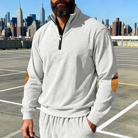 Men Corduroy Stand Collar Half Zip Sweatshirt Long Sleeve Casual Commute Solid Color Top With Contrast Elbow Patches