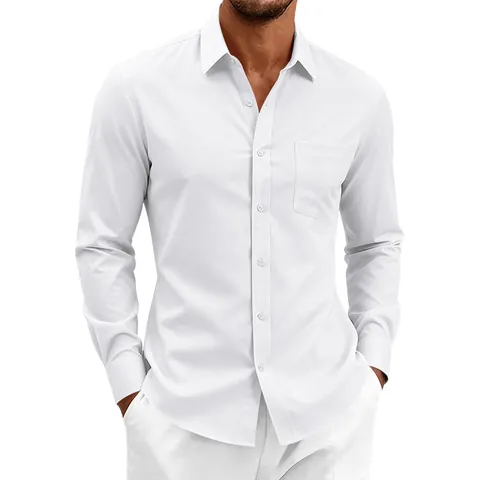 Chemise Casual Business pour Hommes Manches Longues Couleur Unie Col Rabattu Boutonné Top en Polyester Tissé pour Bureau Vêtements Homme