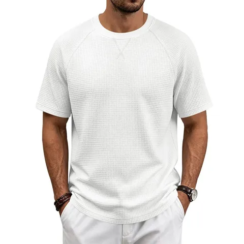 T-Shirt Gaufre pour Homme Manches Courtes Raglan Été Respirant Couleur Unie Col Rond Casual Basic Top Mode Homme