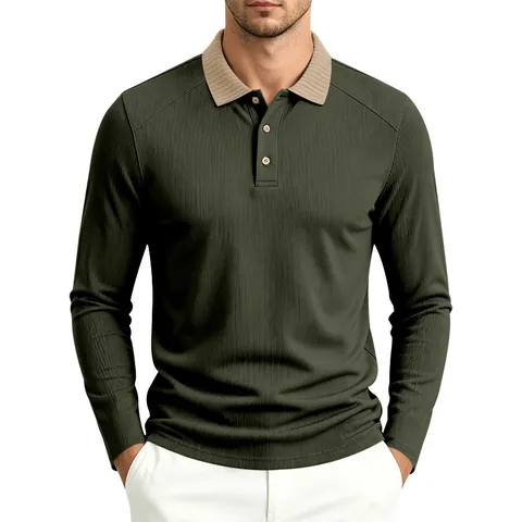 Men's Textured Long Sleeve Polo Shirt Contrast Ribbed Lapel Collar Solid Color Casual Business Top For Autumn Spring