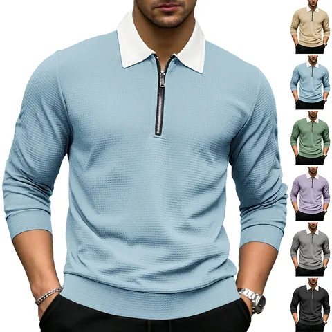 Polo de Manga Larga de Punto de Gofre para Hombre Top de Punto Ligero Informal con Cremallera de Cuarto y Cuello de Contraste