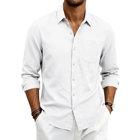 Herren Leinen Langarmhemd Casual Button Down Revers Top Mit Tasche Atmungsaktiv Einfarbig Europäischer Stil Herren Kleidung