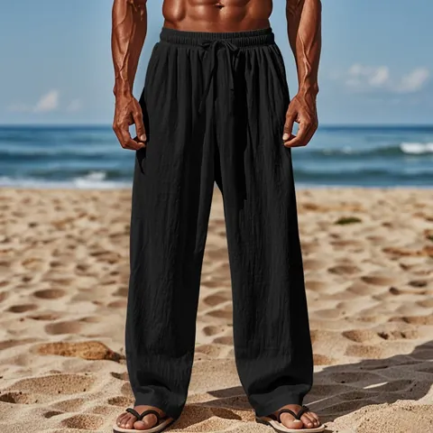 Men Loose Linen Trousers Breathable Woven Straight Leg Casual Pants Summer Beach Drawstring Waist Trousers For Men Lightweight