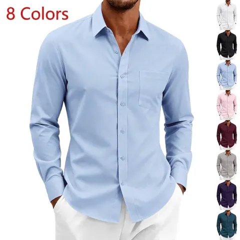 Camicia da Uomo Business Casual Manica Lunga Slim Fit Tinta Unita Colletto a Punta Bottoni Top con Tasca Ufficio Tempo Libero