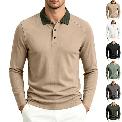 Men's Textured Long Sleeve Polo Shirt Contrast Ribbed Lapel Collar Solid Color Casual Business Top For Autumn Spring