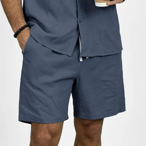 Men's Casual Linen Shorts Drawstring Elastic Waist Solid Color Beach Pants Breathable Loose Five Point Summer Bottoms