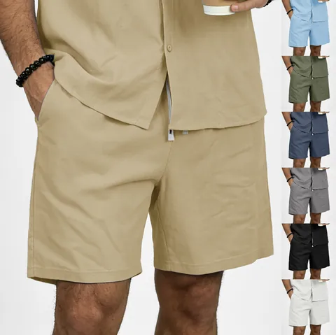 Men's Casual Linen Shorts Drawstring Elastic Waist Solid Color Beach Pants Breathable Loose Five Point Summer Bottoms