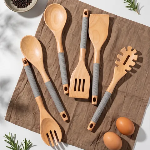Rubberwood Kitchen Utensils With Anti-slip Silicone Handle Professional Heat Resistant Spatula Soup Spoon Pasta Server